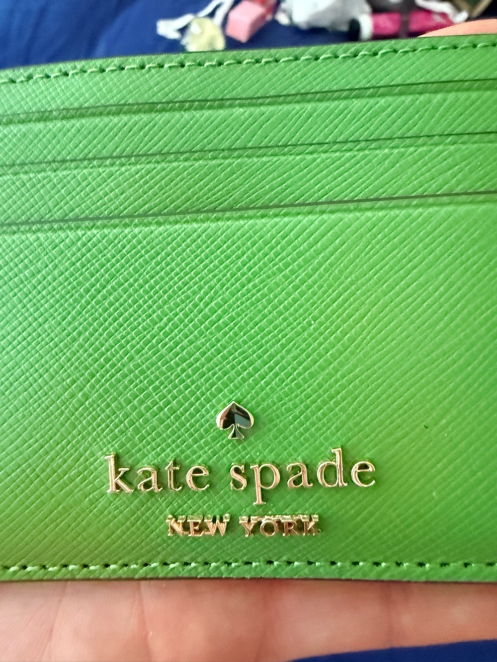 kate spade saffiano leather lime green card holder with gold logo